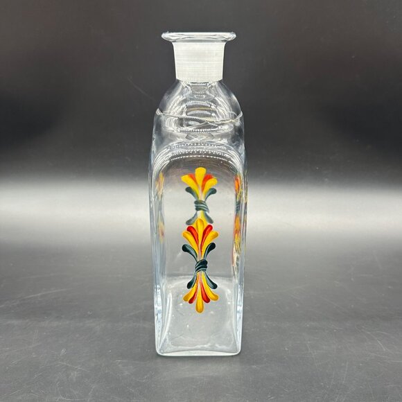 Vintage Glass Decanter Bottle Enamel Painted Floral Birds Red Yellow Blue READ - Picture 2 of 12